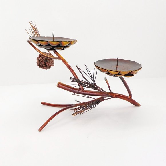 Metallic Pine Branch Cone Candle Holder Centerpiece Copper Finish 8.5" - Picture 2 of 8